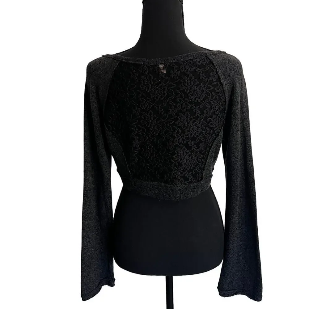 Free People Dark Heathered Gray Crop Long Sleeve Lace Snap Front Top - Small